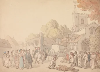 Een dorpsscène buiten een kerk